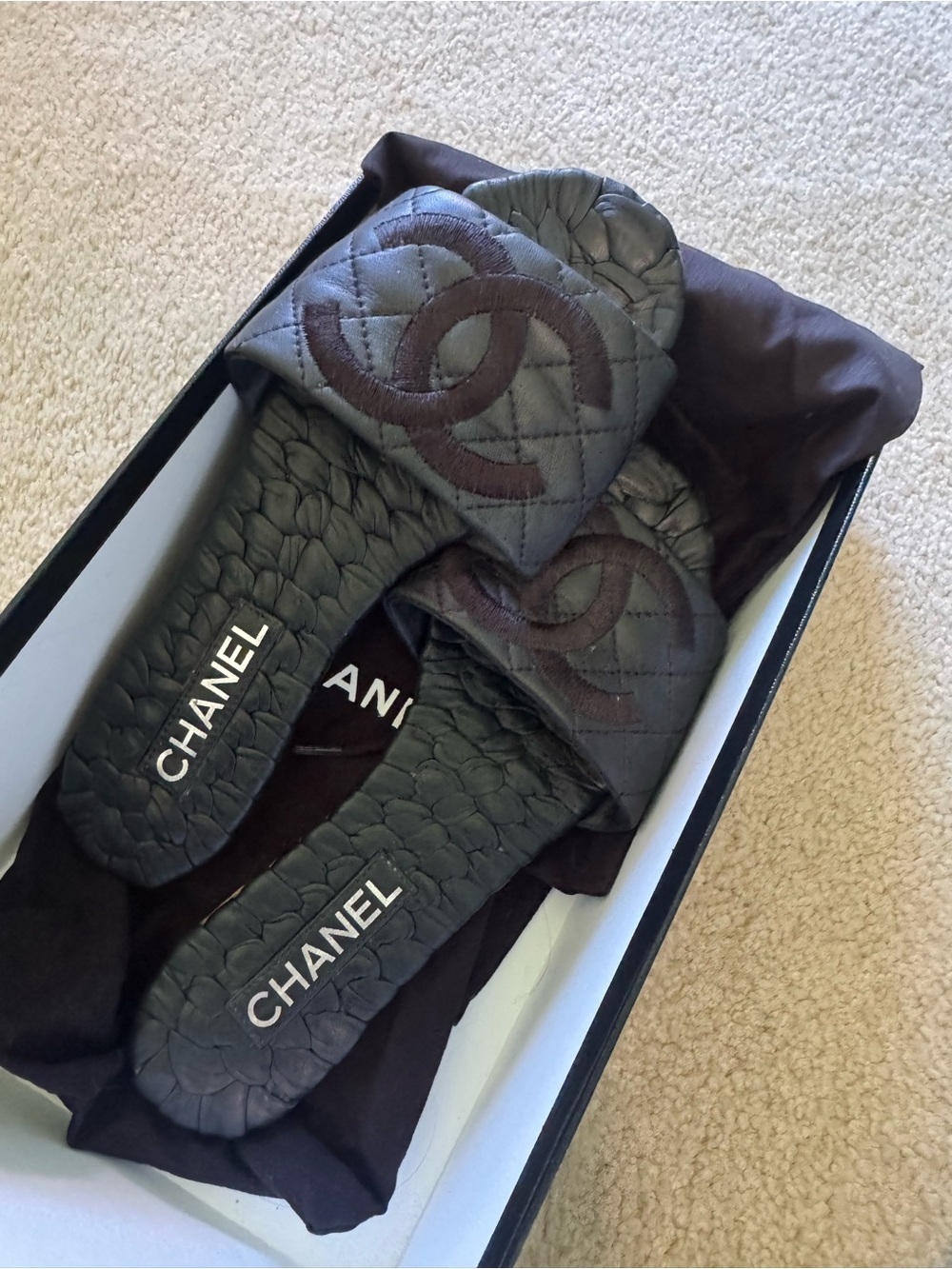 CHANEL Black Quilted Lambskin Slide Sandals with Brown CC Logo